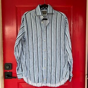 Thomas Dean Men's M Pima Cotton Long Sleeve Button Up Blue Stripes Business